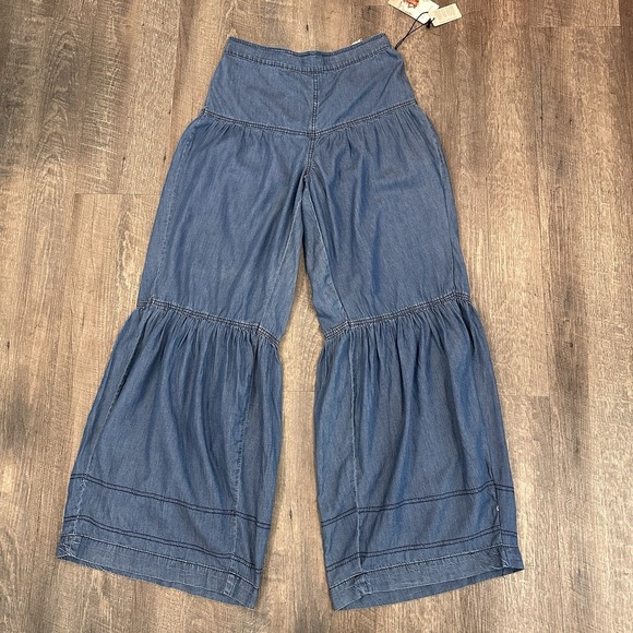 Sincerely Jules Pants - Sincerely Jules Chambray Tiered Palazzo Pants Boho Festival Wide Leg Small NWT